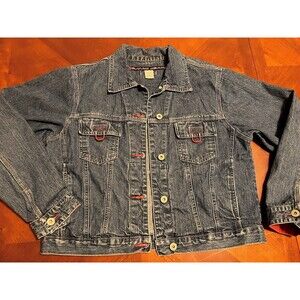 90's Vintage B.U.M. Equipment Denim Jean Jacket 100% Cotton Red Accents Sz L